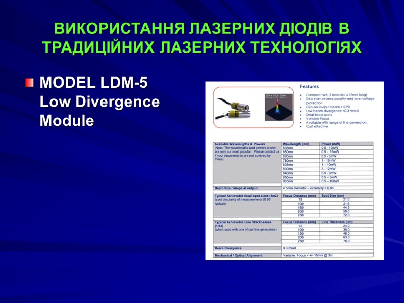 ВИКОРИСТАННЯ ЛАЗЕРНИХ ДІОДІВ В ТРАДИЦІЙНИХ ЛАЗЕРНИХ ТЕХНОЛОГІЯХ MODEL LDM-5 Low Divergence Module